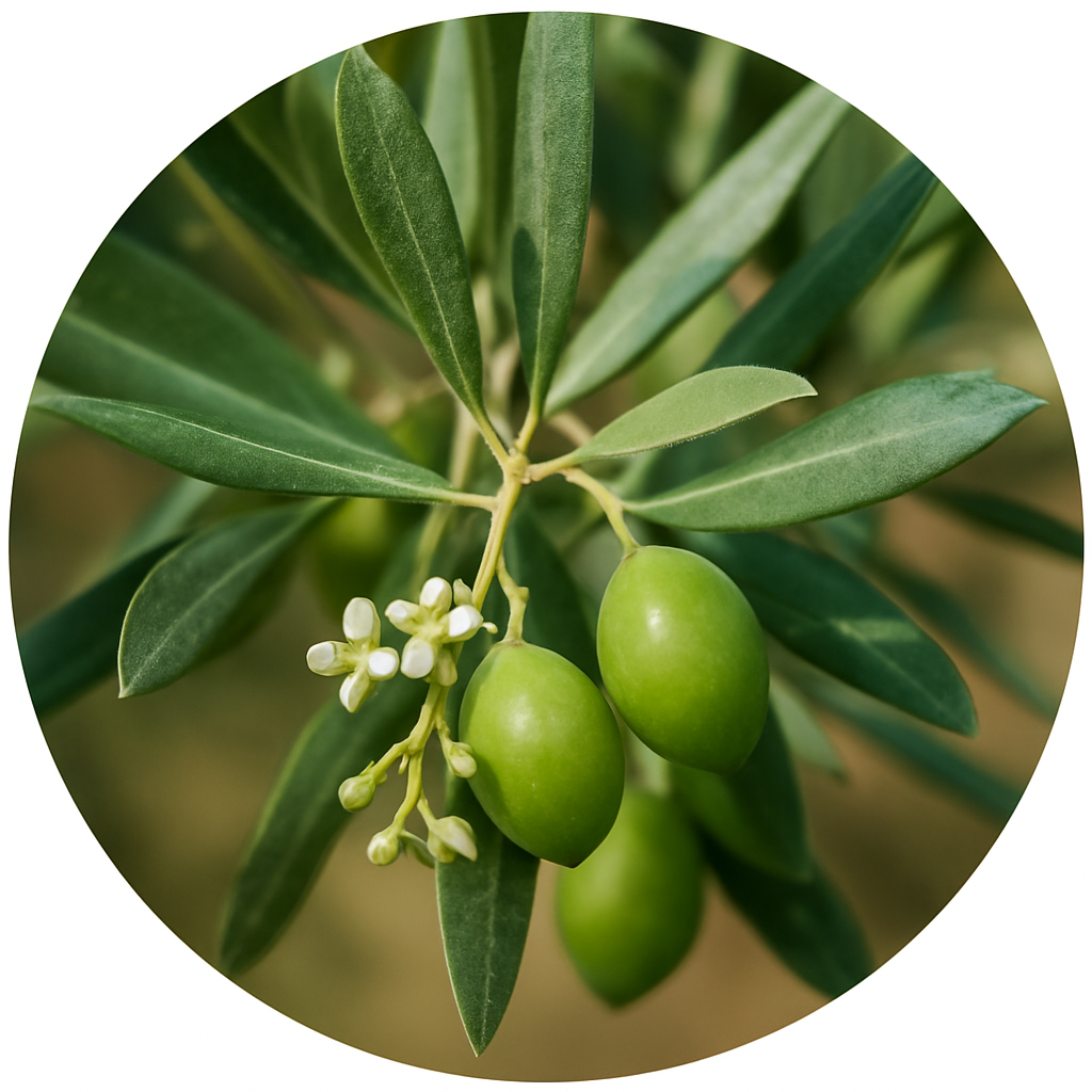 Olive leaves, flowers and fruits
